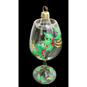 VTG Wine Glass Christmas Tree Ornament Italy Blown Hand Painted Holly Gold Red